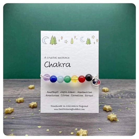 7 Chakra Crystal Bead Necklace, Personalised Silver Chain, Healing Rainbow Crystal Choket, Personalised Birthday Yoga Gift, Wellbeing Gift