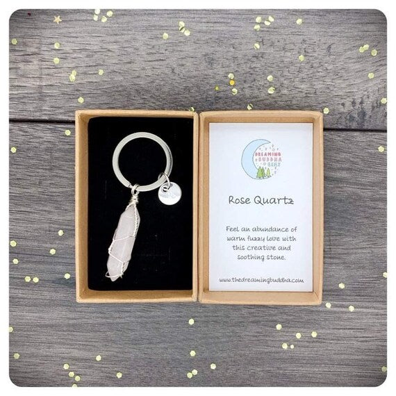 Hand Wrapped Rose Quartz Point Keychain, Personalised Friendship Crystal Keyring Gift, Unconditional Love, I Love You Gift