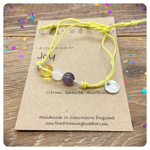 Gemstone For Joy Bracelet, Hand wrapped Crystal Bead Bracelet for Joy, Choose Your Own Cord Colour, Personalised Gemstone Anklet