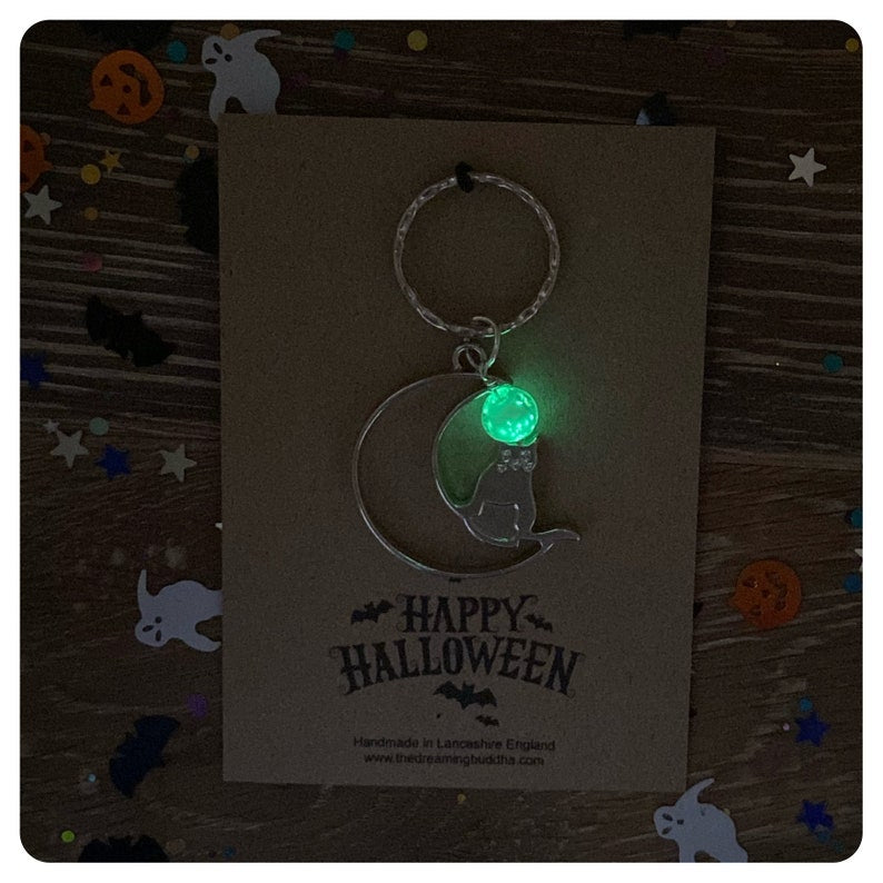Cat Moon Keychain, Halloween Keyring, Glow In The Dark Bag Charm. Personalised All Hallows Gift