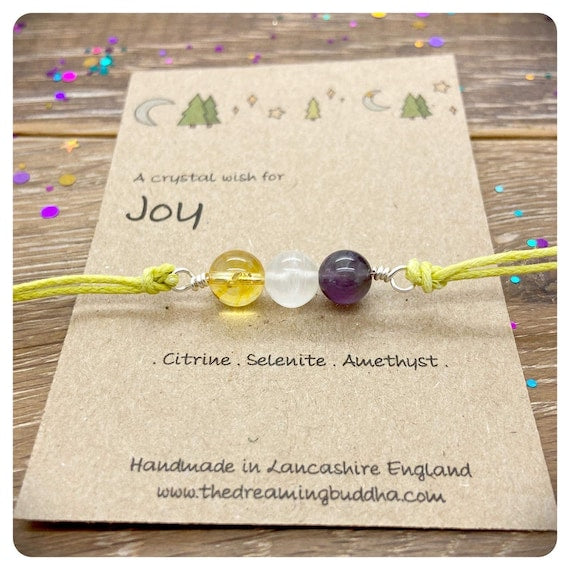 Gemstone For Joy Bracelet, Hand wrapped Crystal Bead Bracelet for Joy, Choose Your Own Cord Colour, Personalised Gemstone Anklet