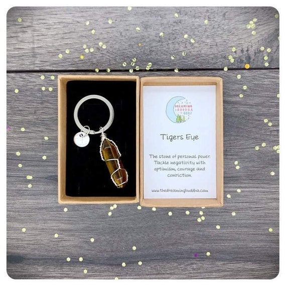 Tigers Eye Point Keyring, Crystal Point Wire Wrapped Keychain, Be Brave, Gift For Courage, Personalised Crystal Keyring For Him