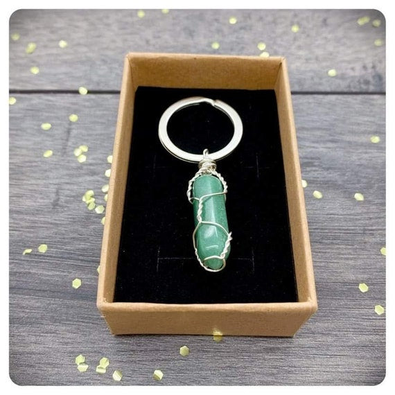 Wire Wrapped Aventurine Crystal Point Keyring, Good Luck Keyring, Driving Test Gift, New Home Present, Green Aventurine For Good Fortune