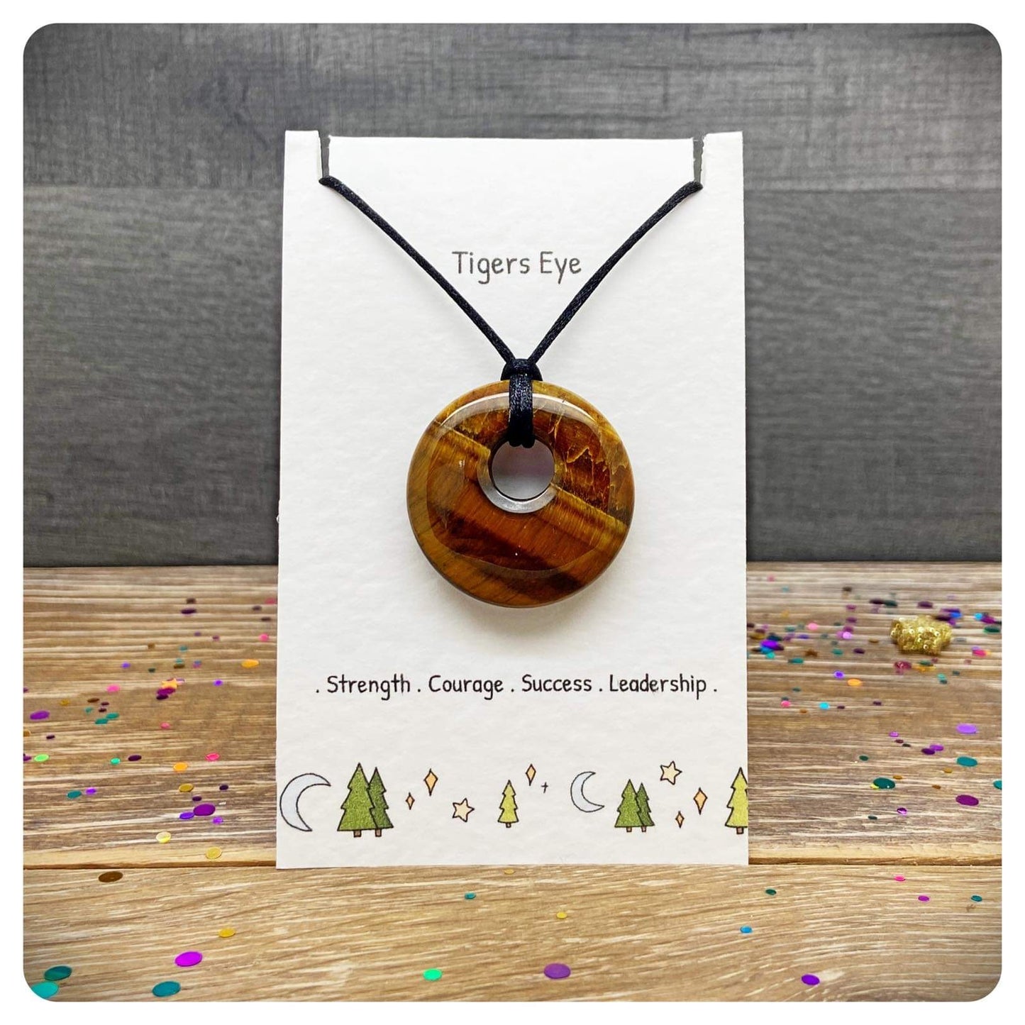 Tigers Eye Crystal Pendant, Gemstone Donut Protection Necklace, Long Adjustable Boho Pi Disc