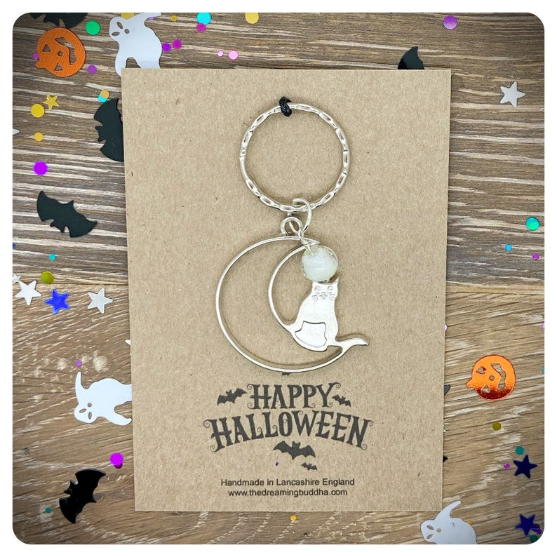 Cat Moon Keychain, Halloween Keyring, Glow In The Dark Bag Charm. Personalised All Hallows Gift