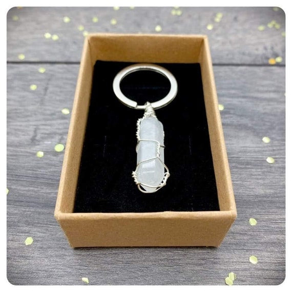 Wire Wrapped Quartz Keyring, Personalised Clear Quartz Keychain, Mind Body Spirit Gift, Positive Energy Gemstone, Master Healer Crystal