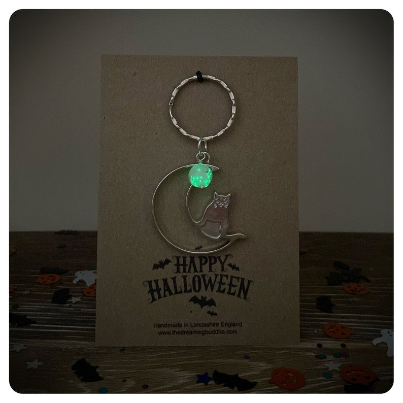 Cat Moon Keychain, Halloween Keyring, Glow In The Dark Bag Charm. Personalised All Hallows Gift