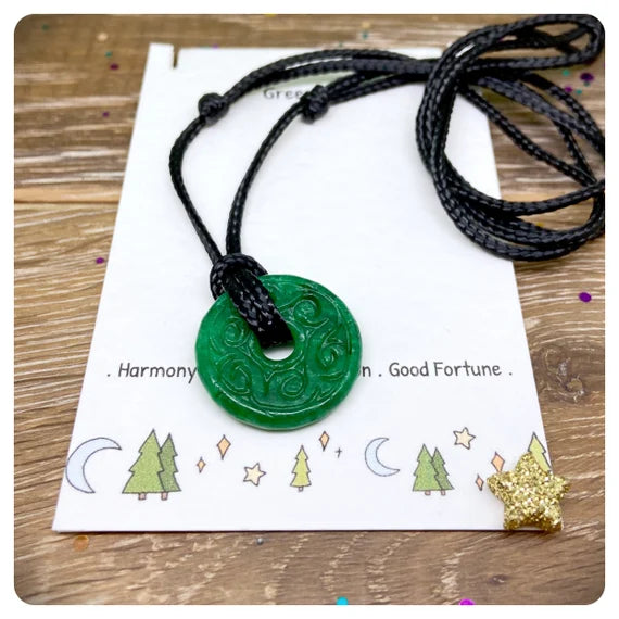 Green Jade Donut Necklace, Recycled Cord Adjustable Necklace, Good Fortune Chinese Pendant