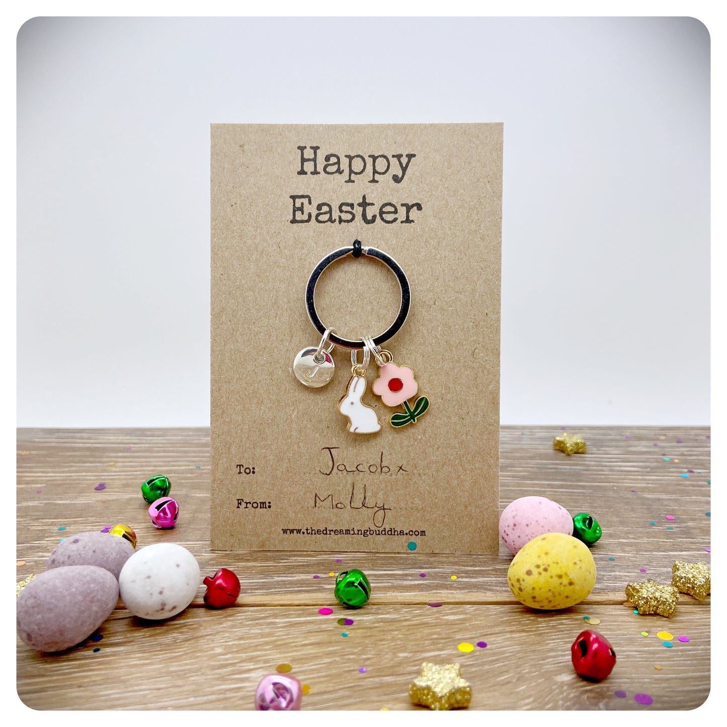 Happy Easter Keyring Card, Childrens Easter Bag Charm, Cute Flower Bunny Keychain, Easter Egg Hunt Gift, Easter Friends and Family Gift