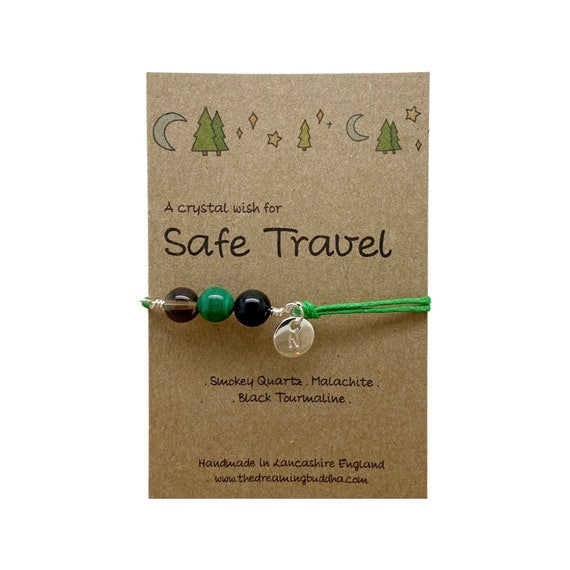 Safe Travel Crystal Bracelet, Backpacking Goodbye Gift, Gap Year Personalised Present, Handmade Gemstone Anklet, Travelling Miss You Card