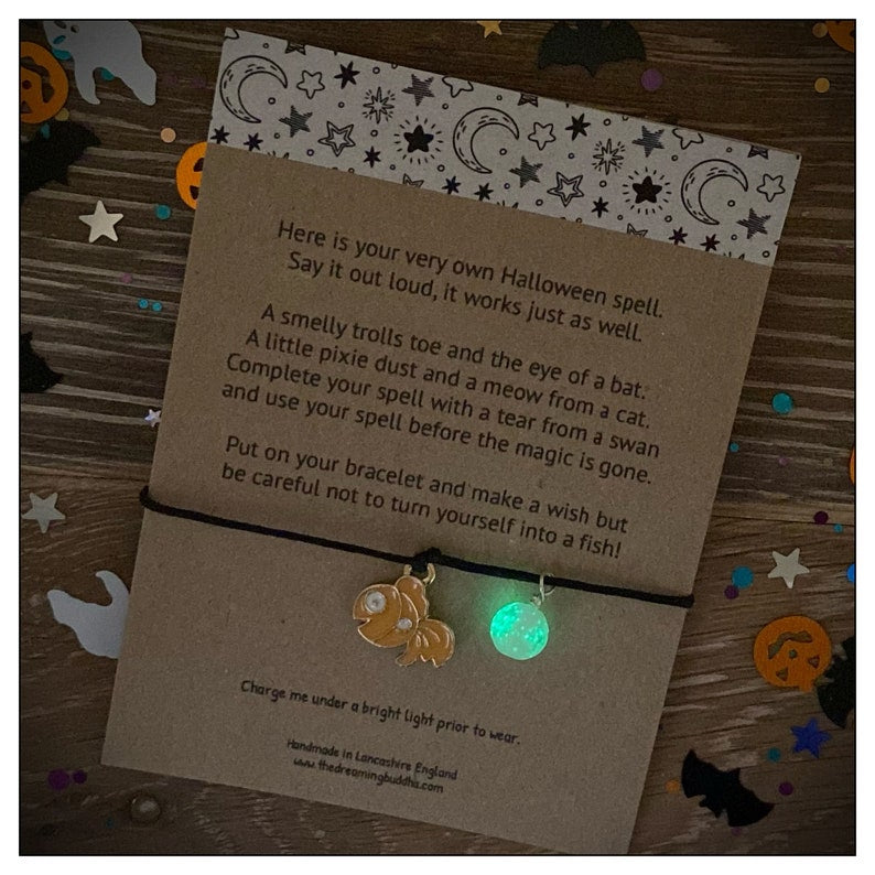 Halloween Spell Wish Bracelet, Glow in the Dark Jewellery, Magical Halloween Kids Gift, Halloween Poem Card
