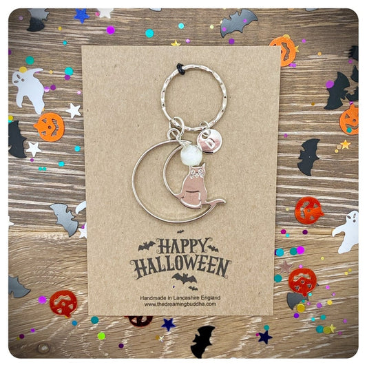 Cat Moon Keychain, Halloween Keyring, Glow In The Dark Bag Charm. Personalised All Hallows Gift