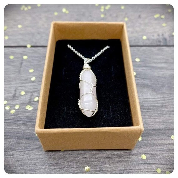 Rose Quartz Crystal Necklace, Wire Wrapped Point Pendant, Pink Love Gemstone Gift, Silver Plated Necklace Gift Box, Love You Jewellery