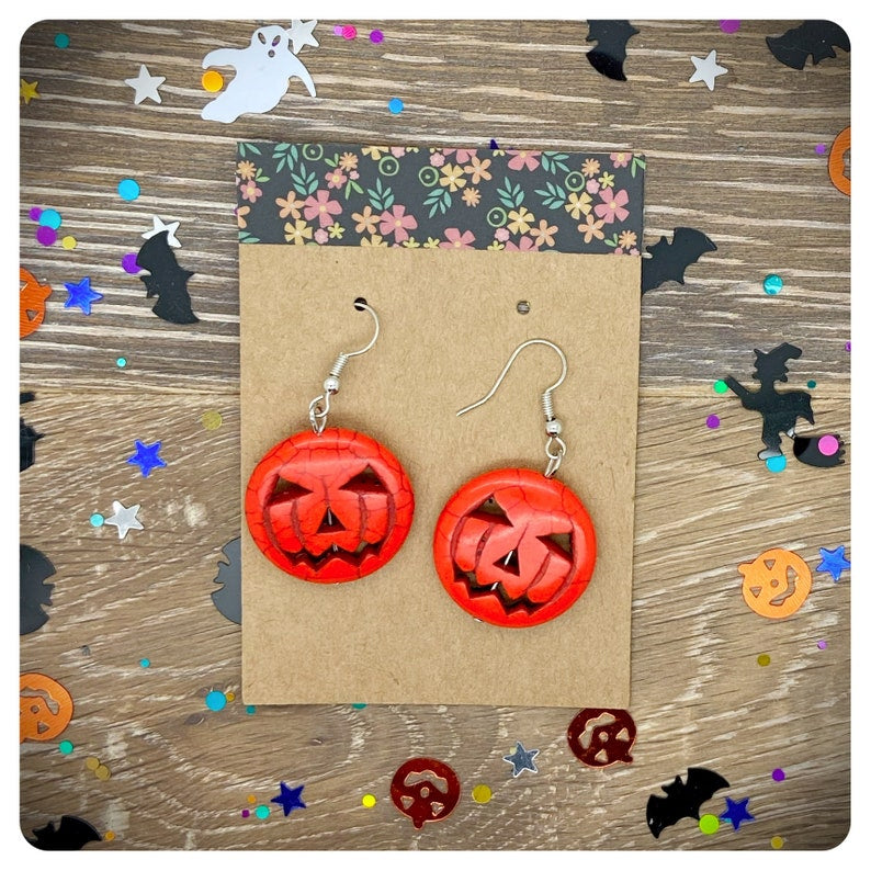 Pumpkin Earrings, Orange Imitation Howlite Dangle Drop, Goth Jewellery Gift, Halloween