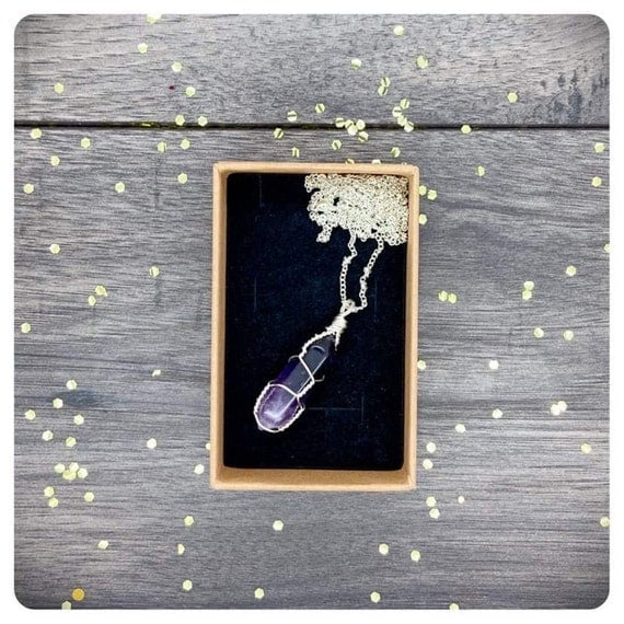 Amethyst Pendant Long Chain Necklace, Personalised Anxiety Crystal Gift, Thinking of You Jewellery, Protection Crystal Present, Letterbox