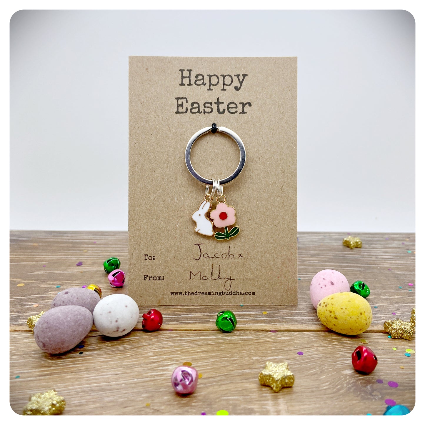 Happy Easter Keyring Card, Childrens Easter Bag Charm, Cute Flower Bunny Keychain, Easter Egg Hunt Gift, Easter Friends and Family Gift