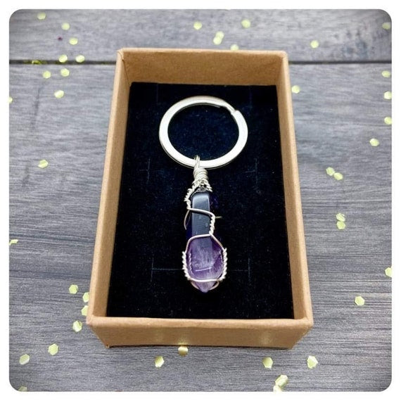 Wire Wrapped Amethyst Point Keyring, Personalised Amethyst Crystal Keychain, Anxiety Crystal Key Ring, Gemstone Bag Charm, Handmade UK