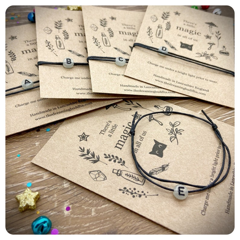 Glow In The Dark Initial Bracelet, Magical Personalised Gift, Adjustable Cord Letter Bracelet, Minimalist Jewellery