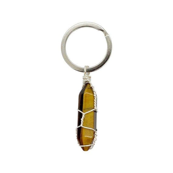 Tigers Eye Point Keyring, Crystal Point Wire Wrapped Keychain, Be Brave, Gift For Courage, Personalised Crystal Keyring For Him