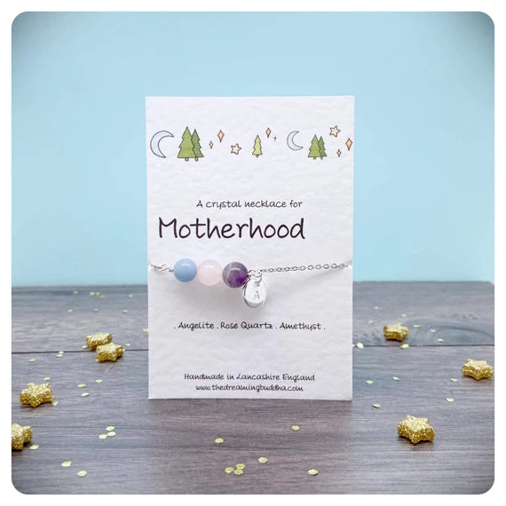 Baby Shower Gift For New Mum, Motherhood Crystal Necklace, Mothering Wrapped Crystals, Personalised Baby Congratulations Jewellery