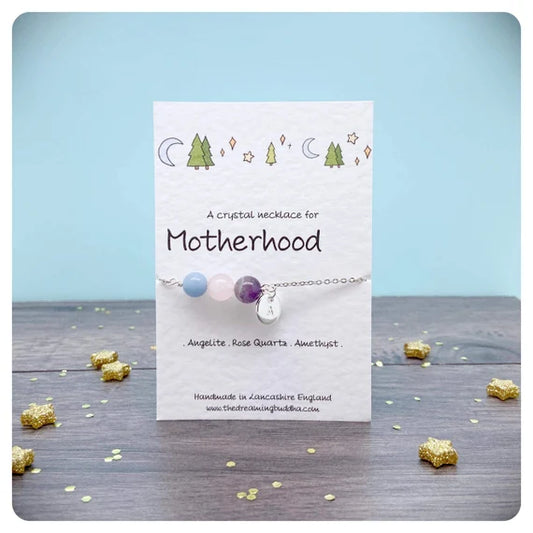 Baby Shower Gift For New Mum, Motherhood Crystal Necklace, Mothering Wrapped Crystals, Personalised Baby Congratulations Jewellery
