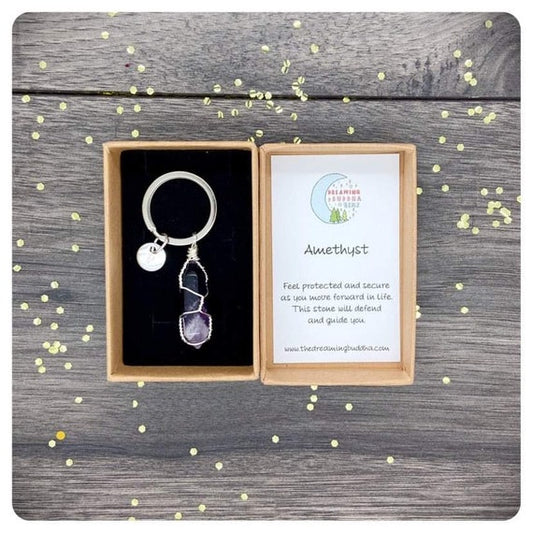 Wire Wrapped Amethyst Point Keyring, Personalised Amethyst Crystal Keychain, Anxiety Crystal Key Ring, Gemstone Bag Charm, Handmade UK