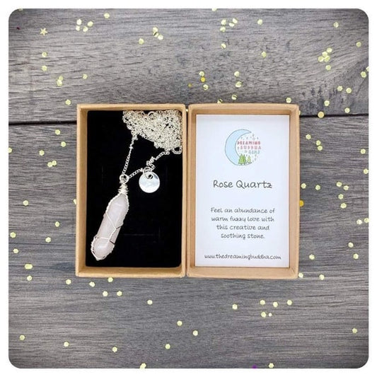 Wire Wrapped Rose Quartz Necklace, Crystal Point Long Silver Necklace, Personalised Terminated Gemstone Jewellery, Love Kindness Crystal