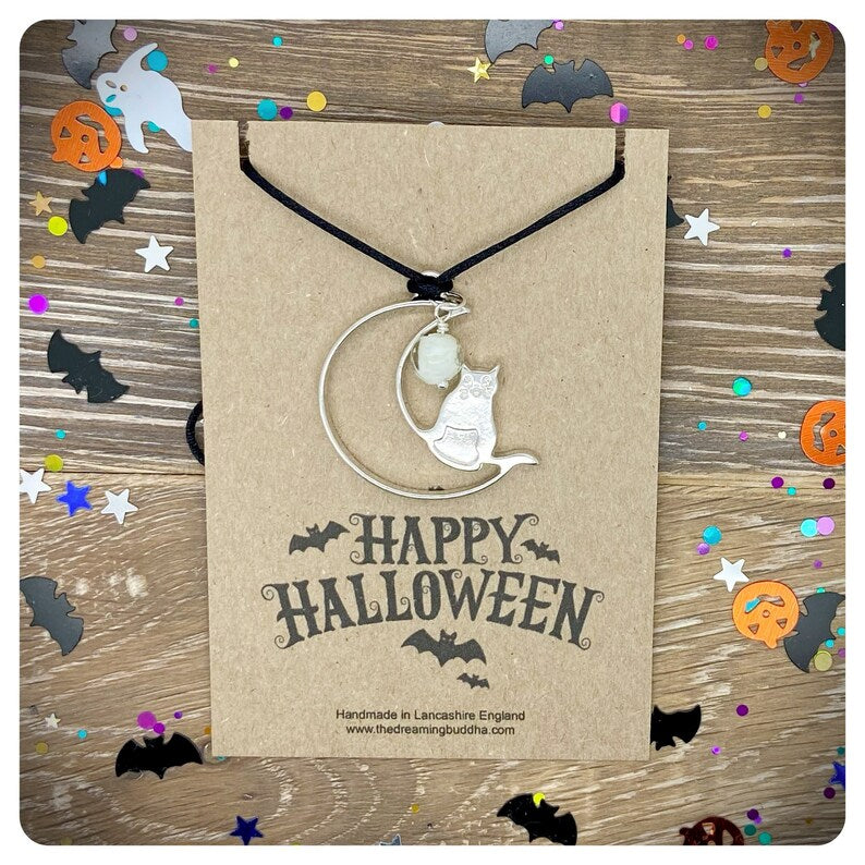 Cat Moon Pendant Necklace, Long Adjustable Halloween Necklace, Witch Wizard Costume Jewellery