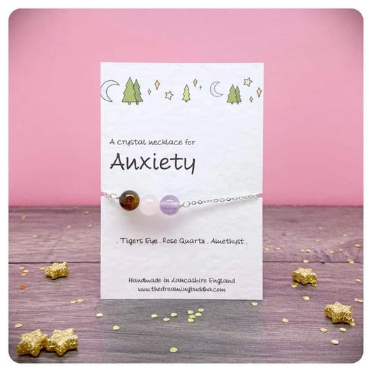 Personalised Crystal Anxiety Necklace, Mental Health Jewellery, Stress Relief Long Necklace, Anxiety Support Choker, Healing Gemstones