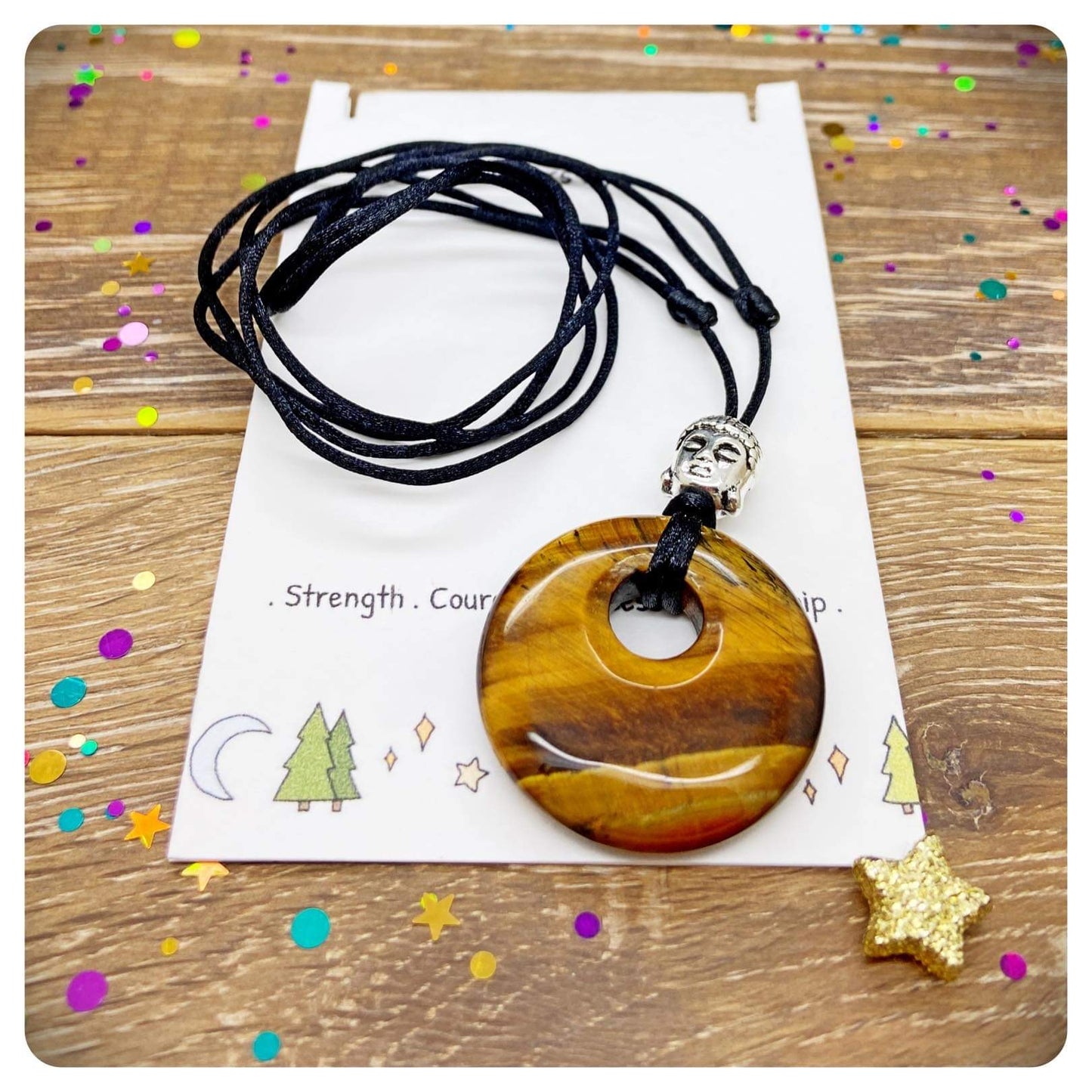 Genuine Crystal Donut Pendant Necklace, Choose Your Crystal, Agogo Pendant Black Cord Necklace