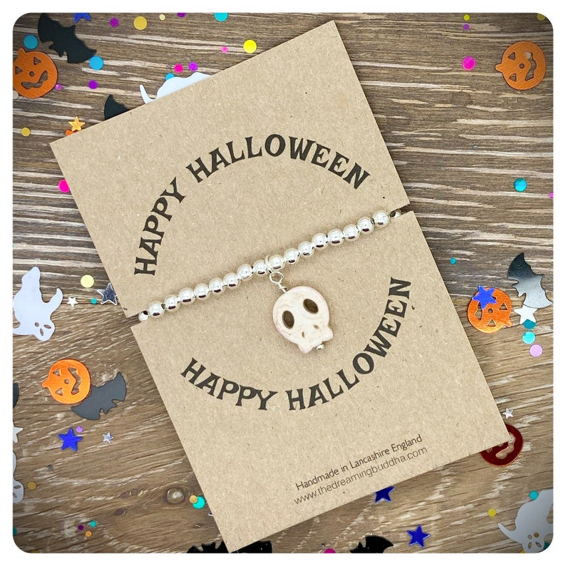Sugar Skull Stretch Bracelet, Howlite Candy Skull Stacker Bracelet, Handmade Halloween Silver Beaded Bracelet