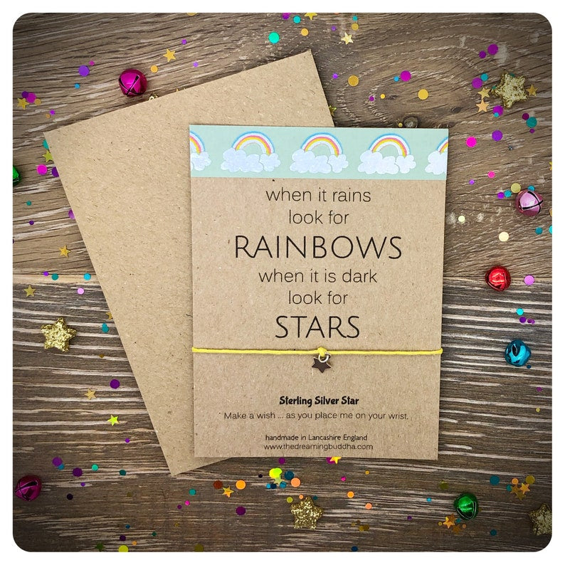 When It Rains Look For Rainbows Wish Bracelet, Sterling Silver Inspirational Gift, 925 Positive Quote Jewellery