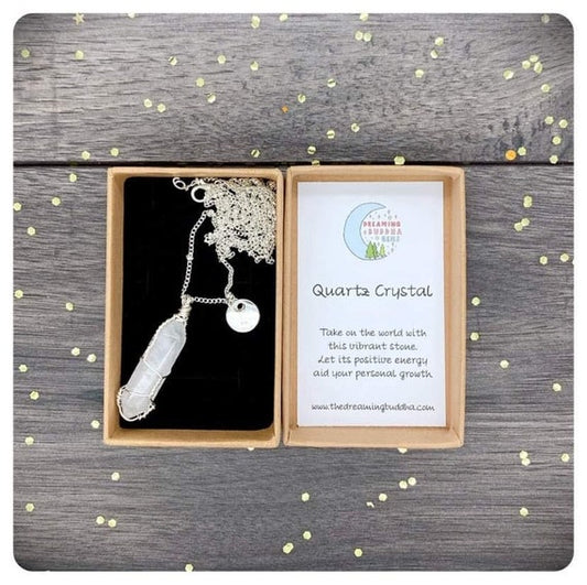 Clear Quartz Long Pendant Necklace, Positive Silver Plated Jewellery, April Birthstone Necklace, Clear Meditation Crystal