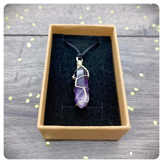 Amethyst Hand Wrapped Long Necklace, Adjustable Satin Cord Pendant Necklace, Protection Crystal Jewellery, Friendship Postal Gift