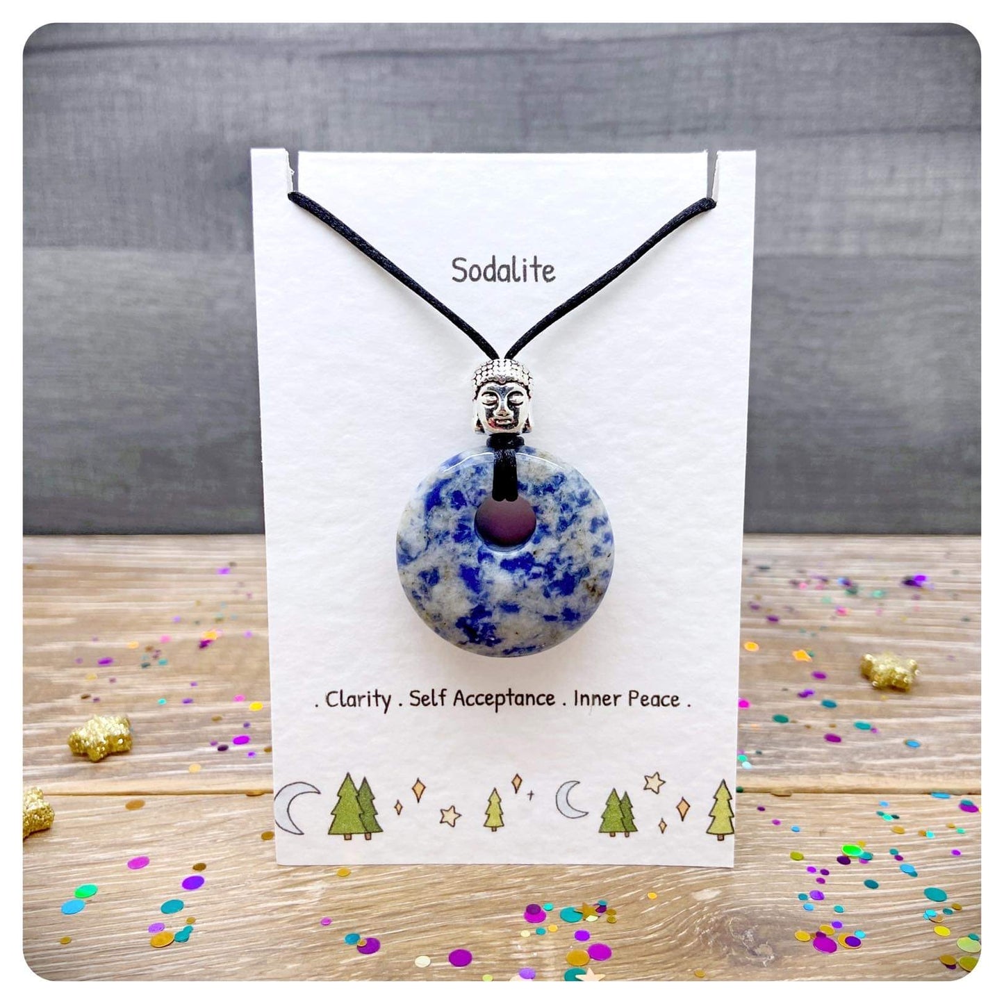 Sodalite Crystal Donut Pendant, Gemstone Adjustable Cord Necklace, Pi Circle Stone