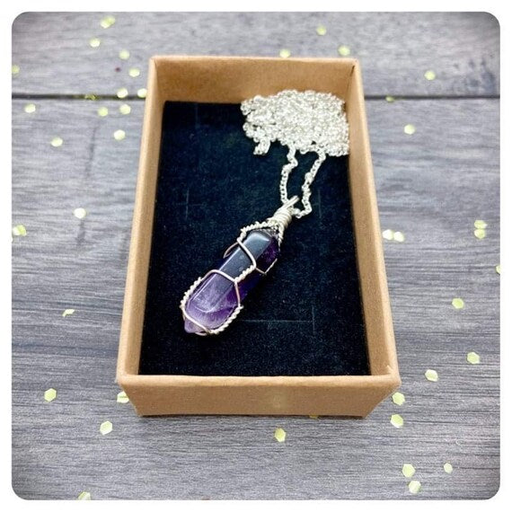 Amethyst Pendant Long Chain Necklace, Personalised Anxiety Crystal Gift, Thinking of You Jewellery, Protection Crystal Present, Letterbox