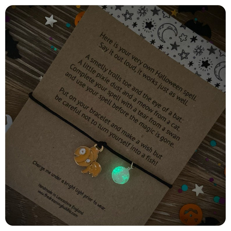 Halloween Spell Wish Bracelet, Glow in the Dark Jewellery, Magical Halloween Kids Gift, Halloween Poem Card