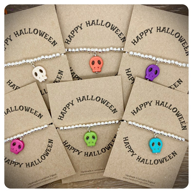 Sugar Skull Stretch Bracelet, Howlite Candy Skull Stacker Bracelet, Handmade Halloween Silver Beaded Bracelet