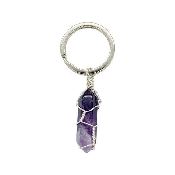 Wire Wrapped Amethyst Point Keyring, Personalised Amethyst Crystal Keychain, Anxiety Crystal Key Ring, Gemstone Bag Charm, Handmade UK