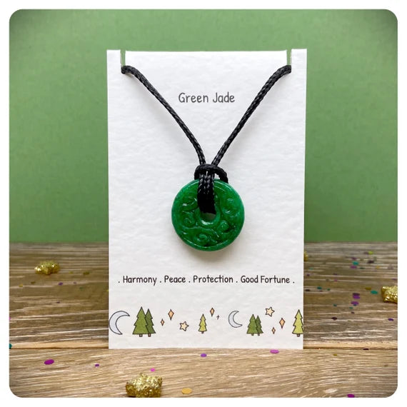 Green Jade Donut Necklace, Recycled Cord Adjustable Necklace, Good Fortune Chinese Pendant