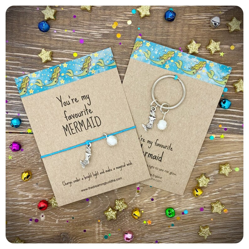 Mermaid Bracelet and Keyring Gift Set, Mermaid Wish string Matching Keychain, Mermaid Gift Set, Little Mermaid Gift, Glow In The Dark Bead