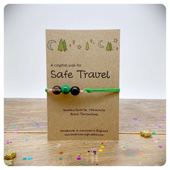 Safe Travel Crystal Bracelet, Backpacking Goodbye Gift, Gap Year Personalised Present, Handmade Gemstone Anklet, Travelling Miss You Card