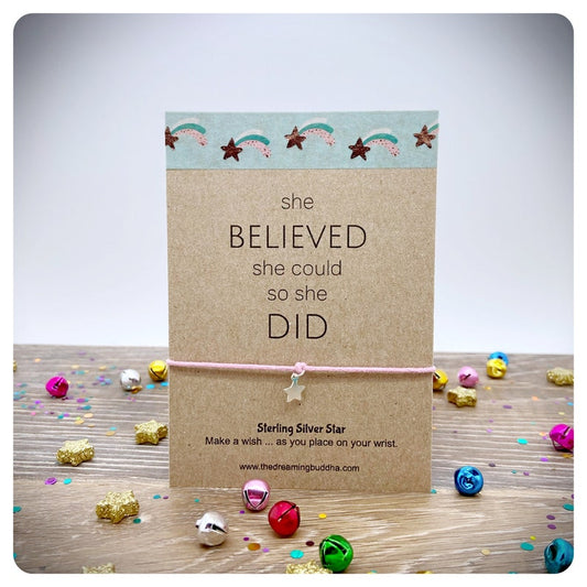 Believe In Yourself Wish Bracelet, Personalised She Believed, 925 Sterling Silver Friendship Gift, Well Done Card