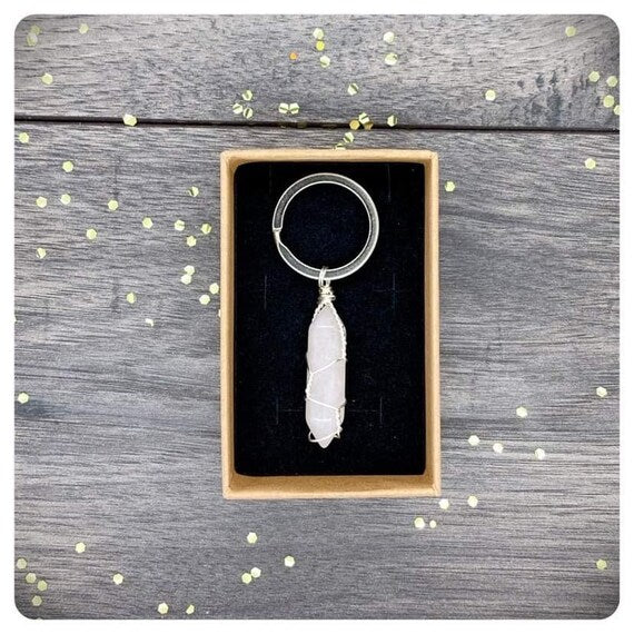 Hand Wrapped Rose Quartz Point Keychain, Personalised Friendship Crystal Keyring Gift, Unconditional Love, I Love You Gift