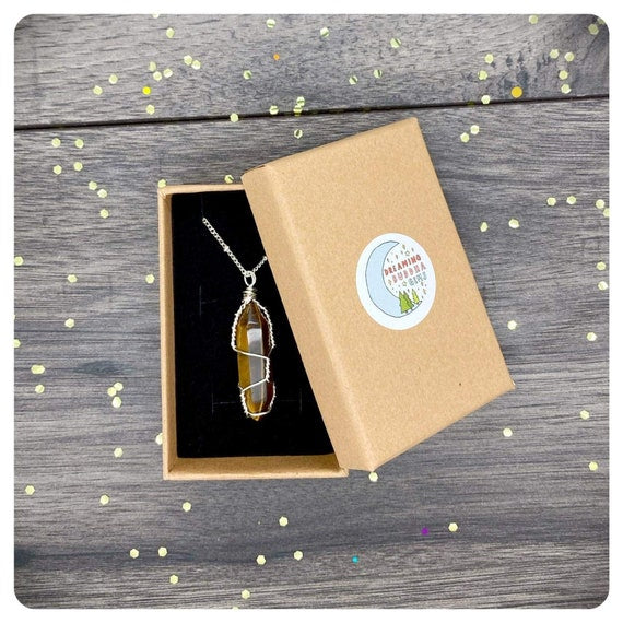 Wire Wrapped Tigers Eye Necklace, Long Silver Chain Pendant, Personalised Gift Box Jewellery, Natural Crystal Pillar Pendant, Solar Plexus