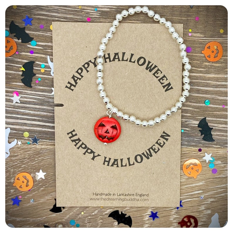 Halloween Silver Beaded Bracelet, Howlite Pumpkin Stretch Bracelet, Unique Handmade Stacker Bracelet