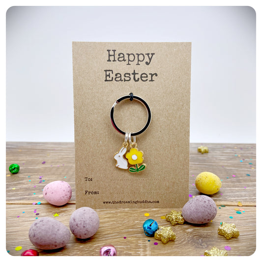 Happy Easter Keyring Card, Childrens Easter Bag Charm, Cute Flower Bunny Keychain, Easter Egg Hunt Gift, Easter Friends and Family Gift