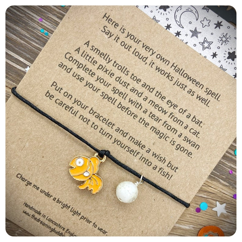 Halloween Spell Wish Bracelet, Glow in the Dark Jewellery, Magical Halloween Kids Gift, Halloween Poem Card