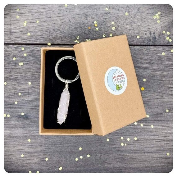 Hand Wrapped Rose Quartz Point Keychain, Personalised Friendship Crystal Keyring Gift, Unconditional Love, I Love You Gift