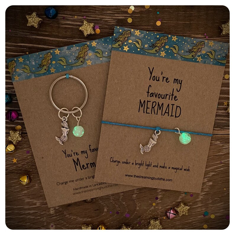 Mermaid Bracelet and Keyring Gift Set, Mermaid Wish string Matching Keychain, Mermaid Gift Set, Little Mermaid Gift, Glow In The Dark Bead